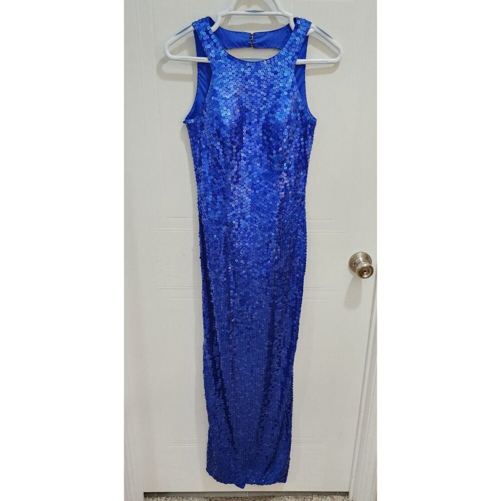 Adrianna Papell Evening Women's Sleeveless Full Length Dress Blue Sequins Size 2